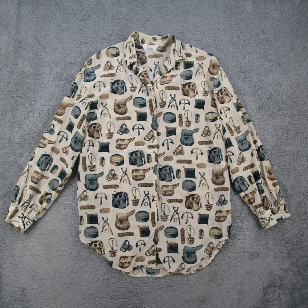 Ishyu Womens Vintage Blouse 6 Silk Equestrian Saddle Print Button Down Tan